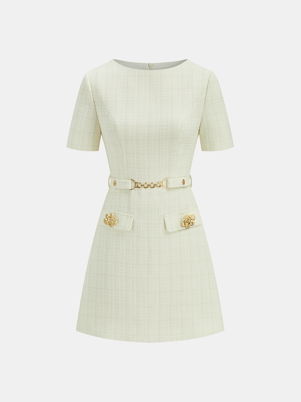 Metal Detail Tweed Belted Mini Dress